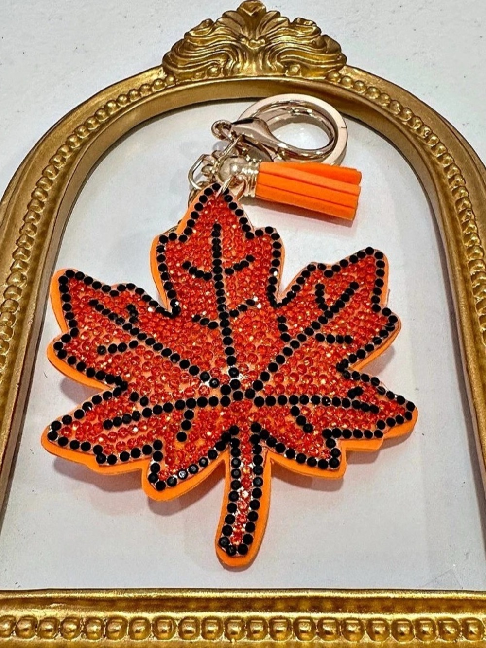 New 10Rhinestone Maple Leaf Keychain in Orange & Black